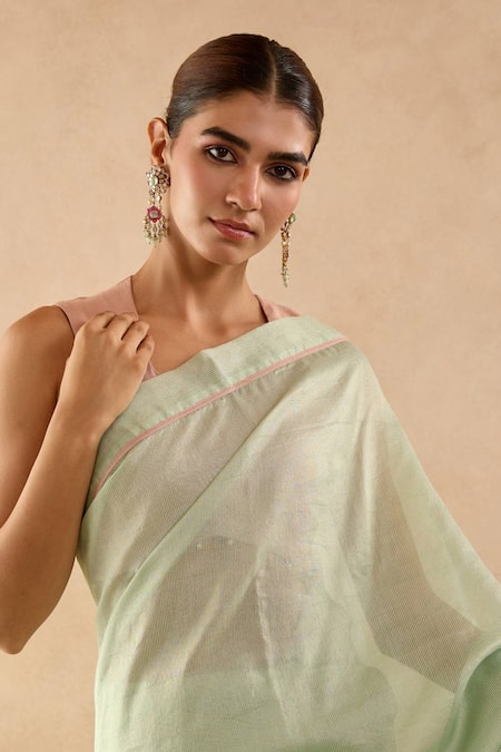 Nero India_Green Chanderi Embroidery Stripe Saree _Online_at_Aza_Fashions