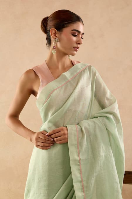 Buy_Nero India_Green Chanderi Embroidery Stripe Saree _Online_at_Aza_Fashions