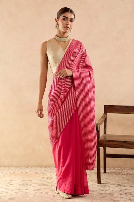 Nero India_Pink Chanderi Gota Patti Stripe Saree _Online_at_Aza_Fashions