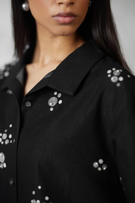 Nachiket Barve_Black Denim Pearls Collared Dottie Set _Online_at_Aza_Fashions