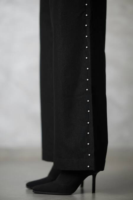 Buy_Nachiket Barve_Black Denim Pearls Collared Dottie Set _Online_at_Aza_Fashions