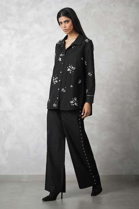 Shop_Nachiket Barve_Black Denim Pearls Collared Dottie Set _Online_at_Aza_Fashions