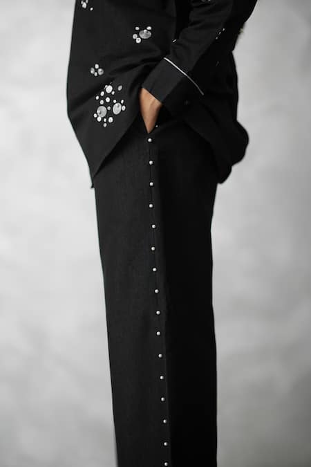 Nachiket Barve_Black Denim Pearls Collared Dottie Set _at_Aza_Fashions