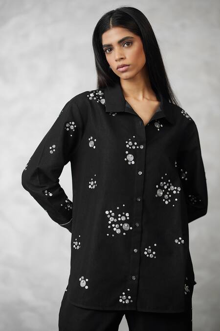 Buy_Nachiket Barve_Black Denim Pearls Collared Dottie Set 