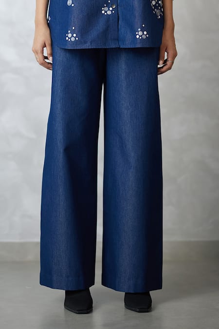 Nachiket Barve_Blue Denim Embroidery Collared Dottie Bishop Sleeve Set _Online_at_Aza_Fashions