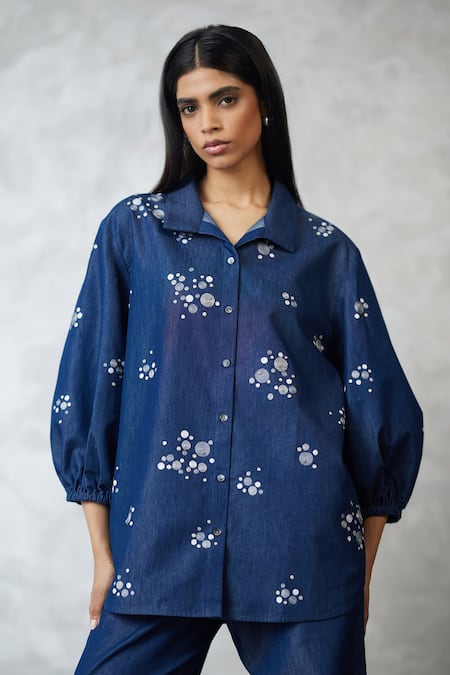 Buy_Nachiket Barve_Blue Denim Embroidery Collared Dottie Bishop Sleeve Set _Online_at_Aza_Fashions