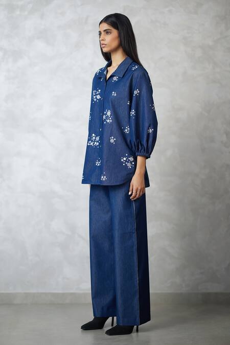 Shop_Nachiket Barve_Blue Denim Embroidery Collared Dottie Bishop Sleeve Set _Online_at_Aza_Fashions