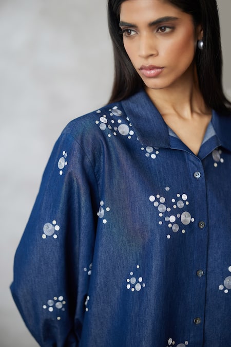 Nachiket Barve_Blue Denim Embroidery Collared Dottie Bishop Sleeve Set _at_Aza_Fashions