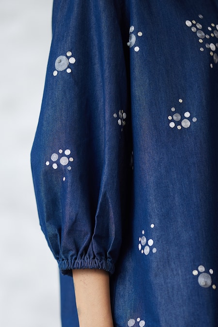 Buy_Nachiket Barve_Blue Denim Embroidery Collared Dottie Bishop Sleeve Set 