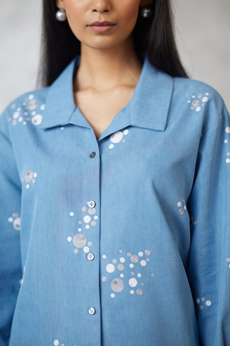 Nachiket Barve_Blue Denim Pearls Collared Dottie Shirt And Detail Pant Set _Online_at_Aza_Fashions