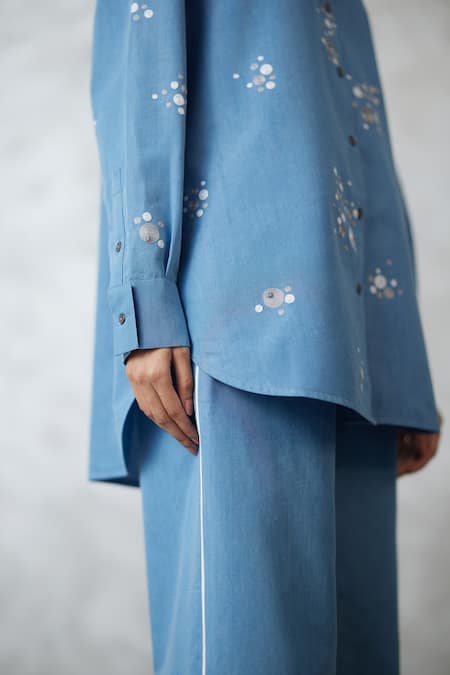Buy_Nachiket Barve_Blue Denim Pearls Collared Dottie Shirt And Detail Pant Set _Online_at_Aza_Fashions