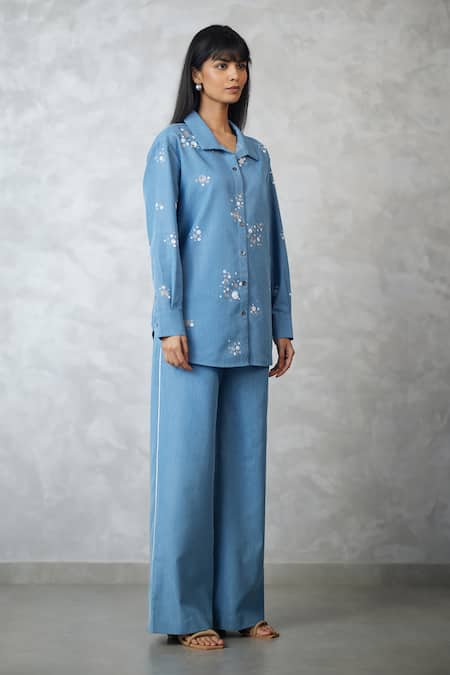 Nachiket Barve_Blue Denim Pearls Collared Dottie Shirt And Detail Pant Set _at_Aza_Fashions