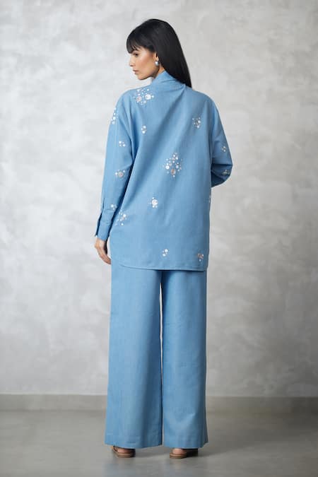 Nachiket Barve Dottie Denim Shirt & Pearl Detail Pant Set 