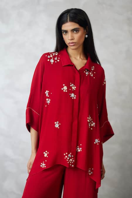 Nachiket Barve_Red Georgette Pearls Collared Dottie Shirt And Pant Set _Online_at_Aza_Fashions