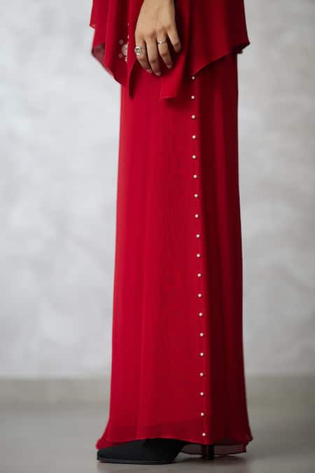 Buy_Nachiket Barve_Red Georgette Pearls Collared Dottie Shirt And Pant Set _Online_at_Aza_Fashions