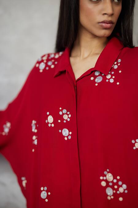 Shop_Nachiket Barve_Red Georgette Pearls Collared Dottie Shirt And Pant Set _Online_at_Aza_Fashions