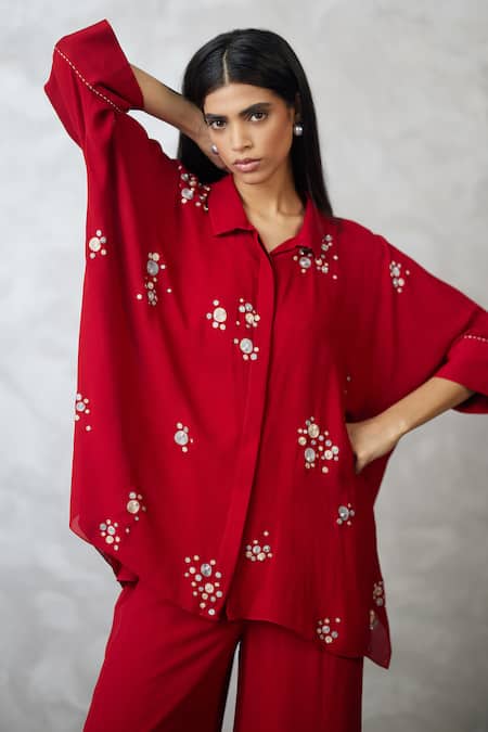 Nachiket Barve_Red Georgette Pearls Collared Dottie Shirt And Pant Set _at_Aza_Fashions