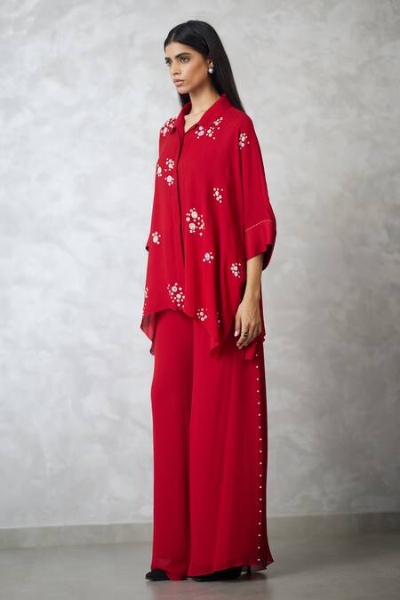 Buy_Nachiket Barve_Red Georgette Pearls Collared Dottie Shirt And Pant Set 