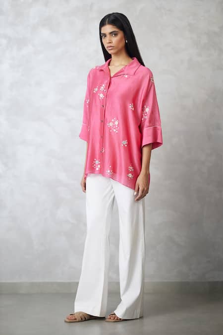 Nachiket Barve Coral Chanderi Embroidery Collared, Button-down Neck Dottie Shirt Online at Aza Fashions Nachiket Barve_Coral Chanderi Embroidery Collared, Button-down Neck Dottie Shirt _Online_at_Aza_Fashions