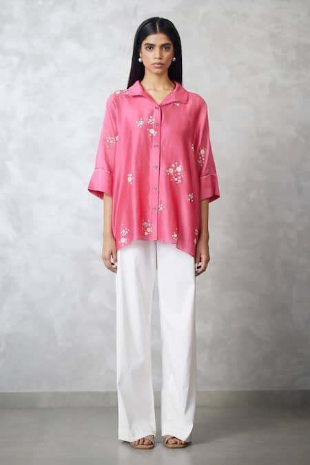 Shop Nachiket Barve Coral Chanderi Embroidery Collared, Button-down Neck Dottie Shirt Online at Aza Fashions Shop_Nachiket Barve_Coral Chanderi Embroidery Collared, Button-down Neck Dottie Shirt _Online_at_Aza_Fashions