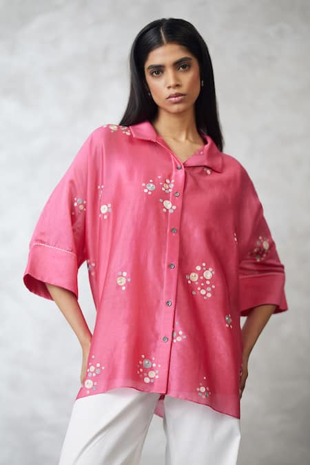 Nachiket Barve Coral Chanderi Embroidery Collared, Button-down Neck Dottie Shirt