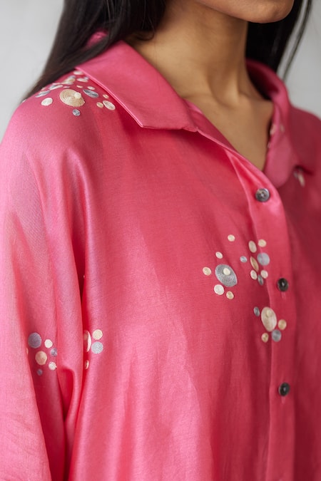 Nachiket Barve Coral Chanderi Embroidery Collared, Button-down Neck Dottie Shirt at Aza Fashions Nachiket Barve_Coral Chanderi Embroidery Collared, Button-down Neck Dottie Shirt _at_Aza_Fashions