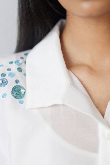 Nachiket Barve_Ivory Chanderi Pearls Collared Dottie Detail Shirt _at_Aza_Fashions