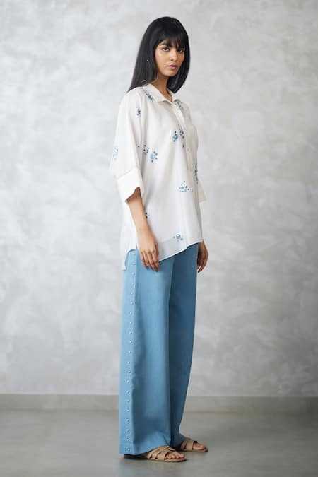 Nachiket Barve_Ivory Chanderi, Denim Embroidery Collared Dottie Pearl Shirt And Pant Set _Online_at_Aza_Fashions