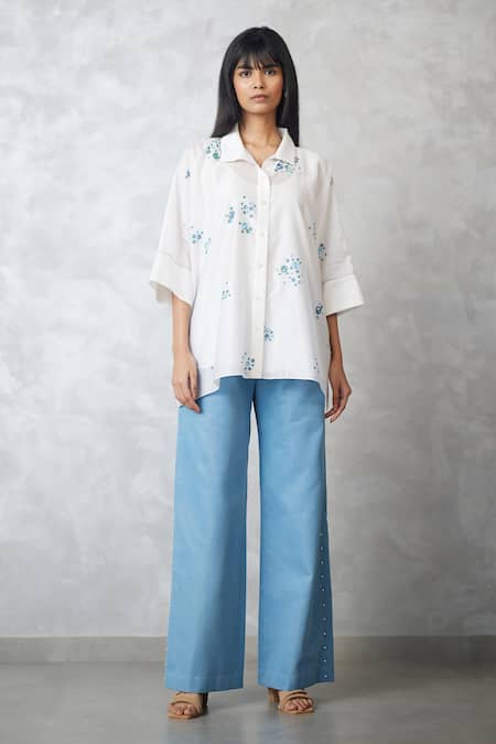 Nachiket Barve Ivory Chanderi, Denim Embroidery Collared Dottie Pearl Shirt And Pant Set