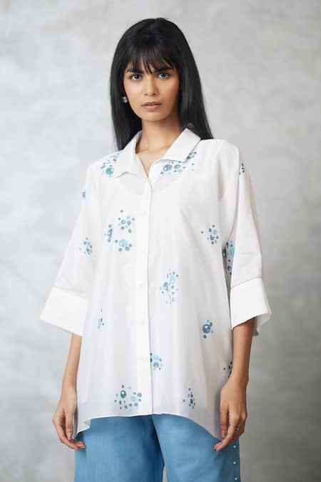 Buy_Nachiket Barve_Ivory Chanderi, Denim Embroidery Collared Dottie Pearl Shirt And Pant Set _Online_at_Aza_Fashions