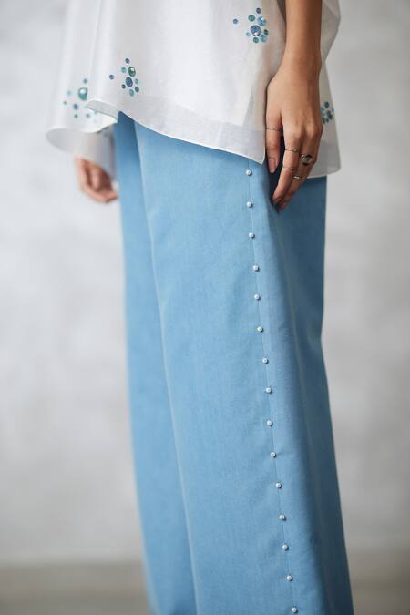 Shop_Nachiket Barve_Ivory Chanderi, Denim Embroidery Collared Dottie Pearl Shirt And Pant Set _Online_at_Aza_Fashions