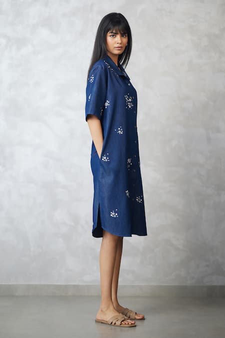 Nachiket Barve Blue Denim Collared Dottie Lounge Shirt Dress Online at Aza Fashions Nachiket Barve_Blue Denim Collared Dottie Lounge Shirt Dress _Online_at_Aza_Fashions