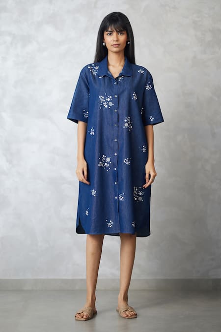 Nachiket Barve Blue Denim Collared Dottie Lounge Shirt Dress 