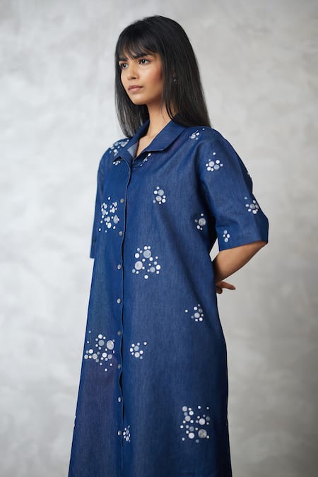 Buy Nachiket Barve Blue Denim Collared Dottie Lounge Shirt Dress Online at Aza Fashions Buy_Nachiket Barve_Blue Denim Collared Dottie Lounge Shirt Dress _Online_at_Aza_Fashions