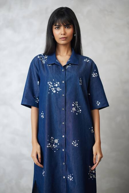 Shop Nachiket Barve Blue Denim Collared Dottie Lounge Shirt Dress Online at Aza Fashions Shop_Nachiket Barve_Blue Denim Collared Dottie Lounge Shirt Dress _Online_at_Aza_Fashions