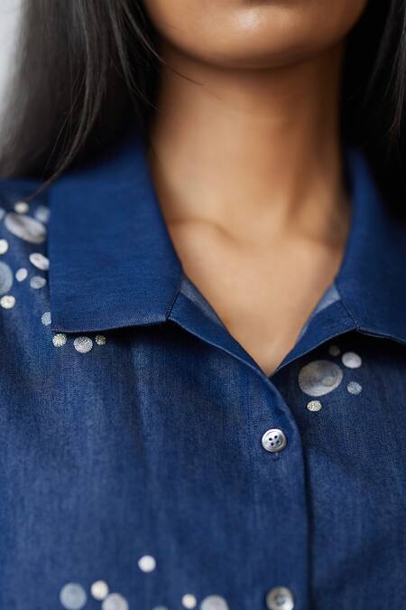 Nachiket Barve Blue Denim Collared Dottie Lounge Shirt Dress at Aza Fashions Nachiket Barve_Blue Denim Collared Dottie Lounge Shirt Dress _at_Aza_Fashions