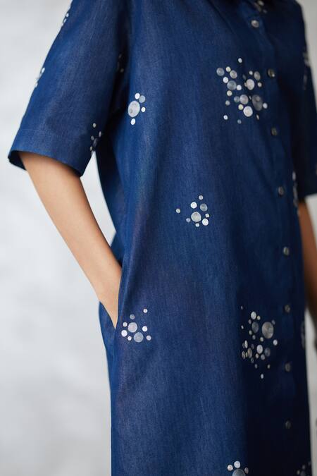 Buy Nachiket Barve Blue Denim Collared Dottie Lounge Shirt Dress Buy_Nachiket Barve_Blue Denim Collared Dottie Lounge Shirt Dress