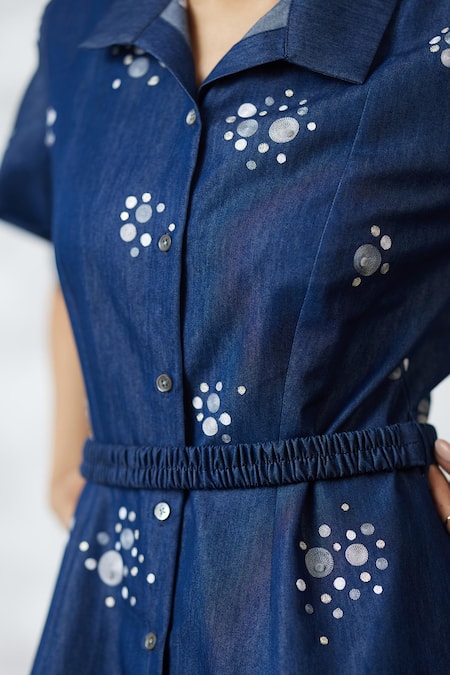 Nachiket Barve_Blue Denim Embroidery Collared Dottie Bubble Sleeve Dress _Online_at_Aza_Fashions