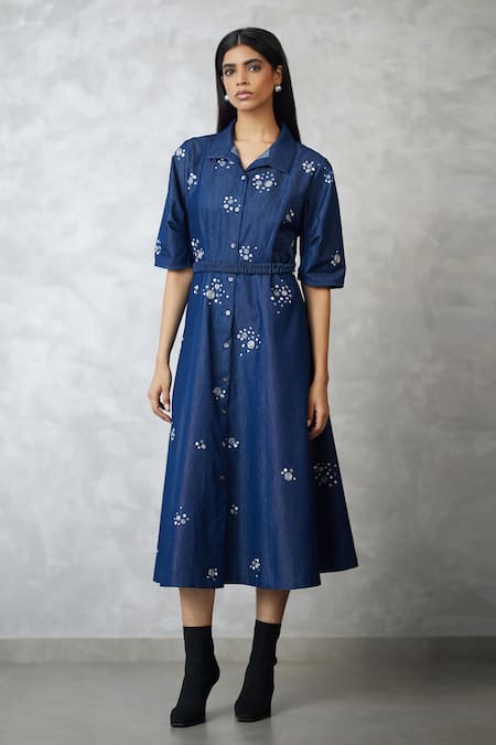 Buy_Nachiket Barve_Blue Denim Embroidery Collared Dottie Bubble Sleeve Dress _Online_at_Aza_Fashions