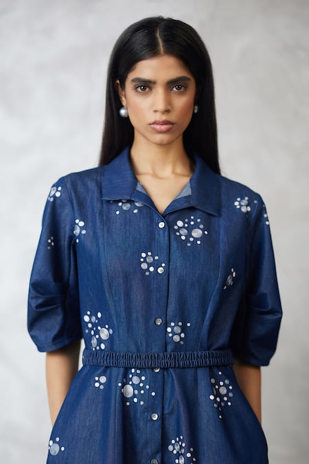 Shop_Nachiket Barve_Blue Denim Embroidery Collared Dottie Bubble Sleeve Dress _Online_at_Aza_Fashions