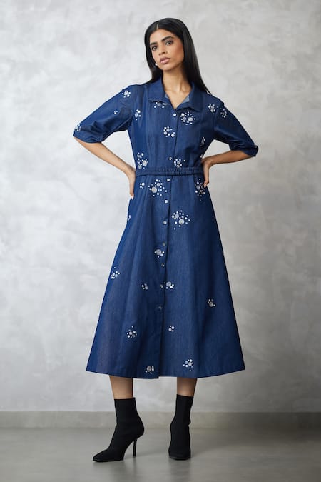 Nachiket Barve Blue Denim Embroidery Collared Dottie Bubble Sleeve Dress