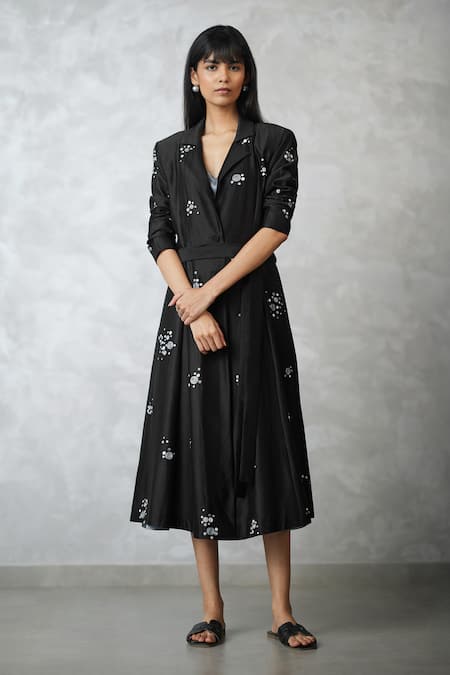 Nachiket Barve Black Chanderi, Viscose Embroidery Collared, V-neck Jacket With Dress