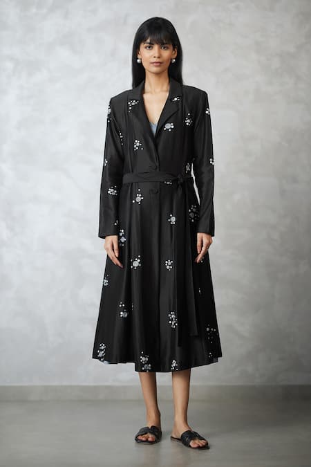 Nachiket Barve_Black Chanderi, Viscose Embroidery Collared, V-neck Jacket With Dress _Online_at_Aza_Fashions