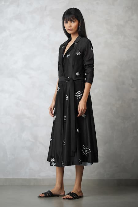 Buy_Nachiket Barve_Black Chanderi, Viscose Embroidery Collared, V-neck Jacket With Dress _Online_at_Aza_Fashions
