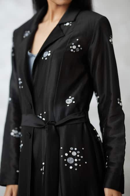 Shop_Nachiket Barve_Black Chanderi, Viscose Embroidery Collared, V-neck Jacket With Dress _Online_at_Aza_Fashions