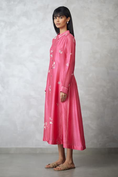 Nachiket Barve_Coral Chanderi, Shantoon Embroidery, Sequins Round Neck Dottie Dress _Online_at_Aza_Fashions
