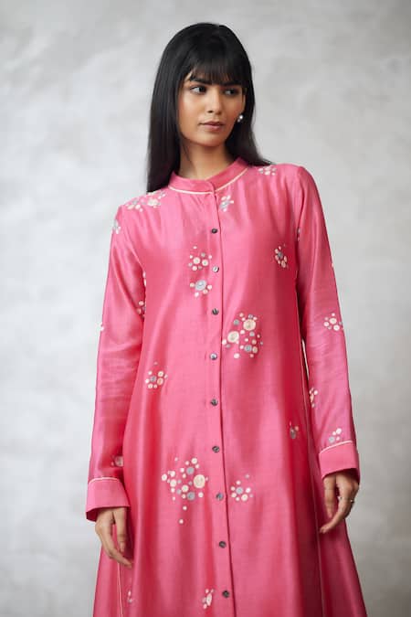 Buy_Nachiket Barve_Coral Chanderi, Shantoon Embroidery, Sequins Round Neck Dottie Dress _Online_at_Aza_Fashions