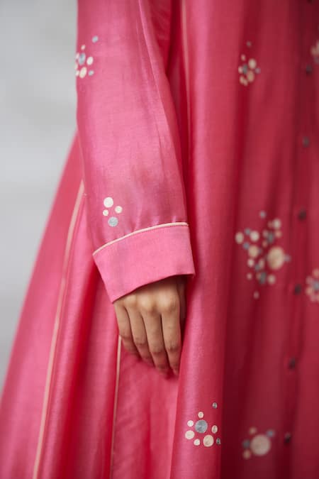 Shop_Nachiket Barve_Coral Chanderi, Shantoon Embroidery, Sequins Round Neck Dottie Dress _Online_at_Aza_Fashions