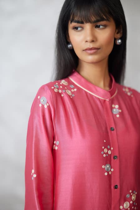 Nachiket Barve_Coral Chanderi, Shantoon Embroidery, Sequins Round Neck Dottie Dress _at_Aza_Fashions