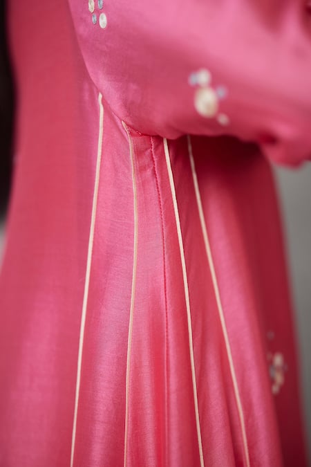 Buy_Nachiket Barve_Coral Chanderi, Shantoon Embroidery, Sequins Round Neck Dottie Dress 